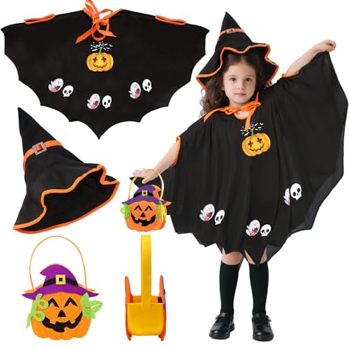 Dazzroi Halloween Bat Costume Set for Children, Bat Cape Outfit with Hat, Pumpkin Bag, Cape, Witch Fancy Dress Set, Pumpkin Costume, Witch Cosplay Accessories for Halloween Carnival Theme Party von Dazzroi