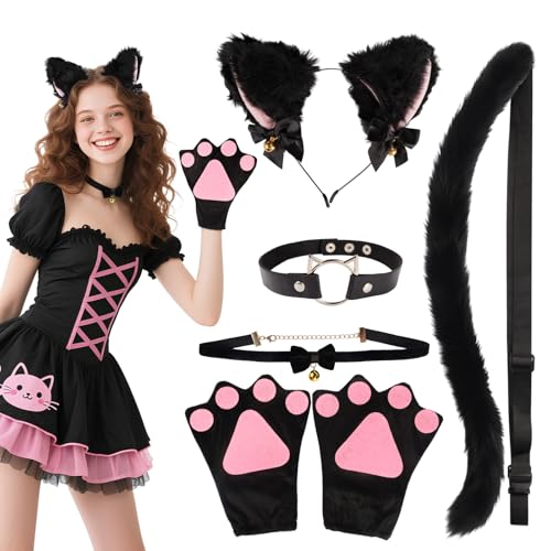 Dazzroi Halloween-Kostüm, schwarze Katze, Cosplay-Kostüm, Katzenzubehör-Set mit Stirnband, Choker, Schwanz, Handschuhen für Damen, Mädchen, Halloween-Party, Maskerade, 5-teilig von Dazzroi