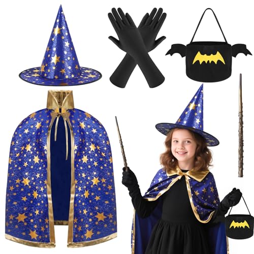 Dazzroi Zauberer-Kostüm-Set für Kinder, blauer Zauberer-Umhang und Hüte, Zauberstab, schwarze Handschuhe, Fledermaus-Tasche für Halloween, Party, Cosplay, 6-teilig Dazzroi Zauberer-Kostüm-Set für Kinder, blauer Zauberer-Umhang und Hüte, Zauberstab, schwarze Handschuhe, Fledermaus-Tasche für Halloween, Party, Cosplay, 6-teilig von Dazzroi