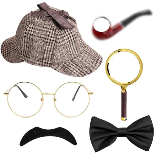 Detective Costume Accessories Set, Detective Fancy Dress Kit with Detective Hat Fake Mustache Bow Tie Pipe Glasses Round Handle Magnifier for Kids Adults Halloween Cosplay Carnival Party Outfits von Dazzroi