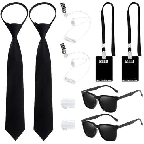 Doppelagent-Kostüm-Zubehörset, Geheimagent-Kostümset mit Ausweis-Requisiten-Lanyard, gefälschtem Ohrhörer, ZipTie, schwarzer Rahmen, Sonnenbrille für Erwachsene, Halloween, Karneval, Verkleidungsparty von Dazzroi