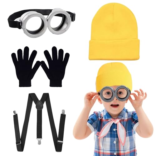 Gelbes Cartoon-Cosplay-Kostüm-Zubehör mit Beanie-Strickmütze, graue Steampunk-Brille, schwarze Handschuhe, schwarzer Riemen für Halloween, Cosplay, Party, Welttag des Buches, Outfits Gelbes Cartoon-Cosplay-Kostüm-Zubehör mit Beanie-Strickmütze, graue Steampunk-Brille, schwarze Handschuhe, schwarzer Riemen für Halloween, Cosplay, Party, Welttag des Buches, Outfits von Dazzroi