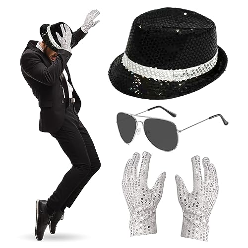 MJ Kostümzubehör, 80er Jahre Tänzerin Rocker Star Cosplay Set mit Jazz Pailletten Hut Handschuhe Silber Rahmen Sonnenbrille King of Pop Verkleidung Set für 80 Mottoparty Karneval Tanzparty MJ Kostümzubehör, 80er Jahre Tänzerin Rocker Star Cosplay Set mit Jazz Pailletten Hut Handschuhe Silber Rahmen Sonnenbrille King of Pop Verkleidung Set für 80 Mottoparty Karneval Tanzparty von Dazzroi