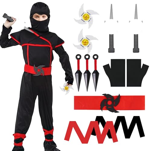 Ninja Costume Set, Anime Cosplay Accessories, Fancy Dress for Kids with Ninja Costume Belt Hood Gloves Red Ribbon Black Ribbon Bayonet Darts Small Kunai for Halloween Carnival von Dazzroi