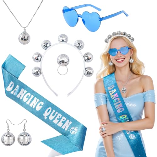 Partydekorationsset, Tanzende Königin, Disco, Junggesellinnenabschied, Dekoration, blaue Königin-Schärpe, Herz, modische Sonnenbrille, Stirnband, Ohrringe, Halskette und Ring für Frauen und Mädchen von Dazzroi