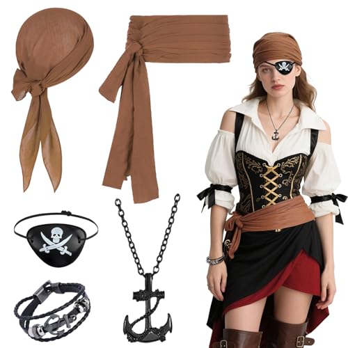 Piratenkostüm-Zubehör-Set für Damen und Herren, Piraten-Rollenspiel-Outfit mit Kopftuch, Schärpe, Gürtel, Augenklappe, Anker, Armband, für Verkleidungstag, Bühnenaufführung, Halloween-Party, 5-teilig Piratenkostüm-Zubehör-Set für Damen und Herren, Piraten-Rollenspiel-Outfit mit Kopftuch, Schärpe, Gürtel, Augenklappe, Anker, Armband, für Verkleidungstag, Bühnenaufführung, Halloween-Party, 5-teilig von Dazzroi