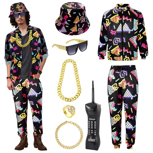 Retro 80s 90s Hip Hop Outfit for Adults, 80s Fancy Dress Set with Sportswear Jacket&Pants, Hat Dollar Ring Necklace Bracelet Glasses Inflatable Phone, Shell Suit for 80s Party Halloween Carnival von Dazzroi
