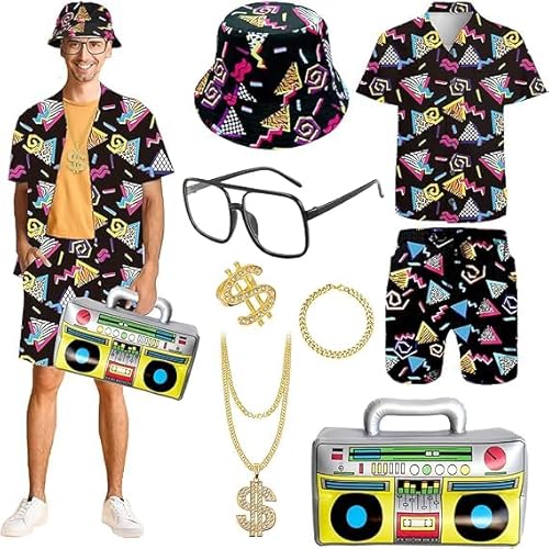 Retro 80s 90s Hip Hop Outfit for Adults, 80s Fancy Dress Set with Sportswear Shirt&Short, Hat Dollar Ring Necklace Bracelet Inflatable Radio Glasses, Beach Tracksuit for 80s Party (Rose Red, L) von Dazzroi