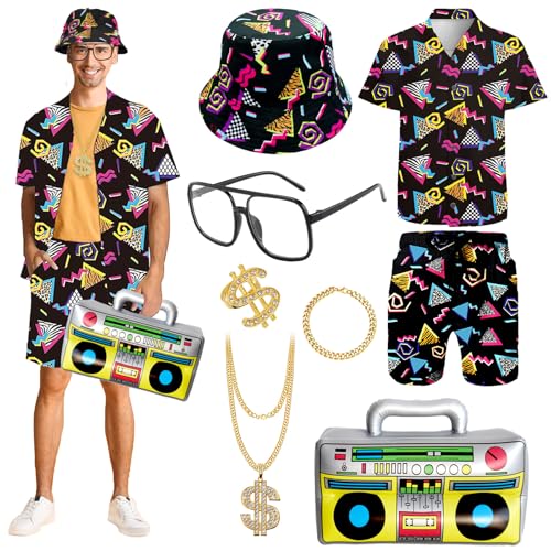 Retro 80s 90s Hip Hop Outfit for Adults, 80s Fancy Dress Set with Sportswear Shirt&Short, Hat Dollar Ring Necklace Bracelet Inflatable Radio Glasses, Beach Tracksuit for 80s Party Halloween Carnival von Dazzroi