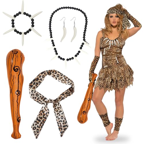 Wilde Höhlenmensch-Kostüme für Damen, Höhlenfrauen-Kostüm mit aufblasbarem Club, Elfenbein-Halskette, Armband, Ohrringe, Leoparden-Stirnband, Streitkolbenhöhle, Zubehör für Schule, Steinzeit Wilde Höhlenmensch-Kostüme für Damen, Höhlenfrauen-Kostüm mit aufblasbarem Club, Elfenbein-Halskette, Armband, Ohrringe, Leoparden-Stirnband, Streitkolbenhöhle, Zubehör für Schule, Steinzeit von Dazzroi