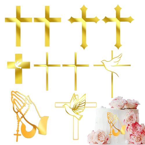 Dbuwqips 9Stücke Cake Topper Kommunion Tortendeko Taufe Torte Deko Fisch Acryl-Kreuz-Tortenaufsatz für Junge Mädchen Konfirmation,wer098 von Dbuwqips