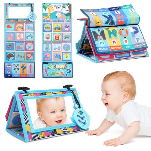 Dcsioike Baby Spielzeug 0-3-6-9 Monate, Baby Stoffbücher mit Spiegel, Kontrast Montessori Spielzeug Baby, Faltbarer & Zum Aufhängen, Geschenke für Neugeborene Jungen Mädchen von Dcsioike