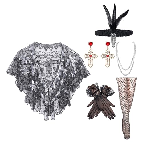 Ddujbtp Damenkostüm-Outfit-Set mit Perlen, Halskette, Schal, Strumpfhose, Handschuhe für Fasching, 20er-Jahre Ddujbtp Damenkostüm-Outfit-Set mit Perlen, Halskette, Schal, Strumpfhose, Handschuhe für Fasching, 20er-Jahre von Ddujbtp