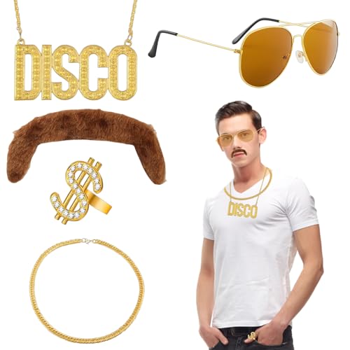 80er Jahre Outfit Herren, 5-teiliges Set für 70er, 80er und 90er Jahre Mottoparty, Disco Party, Karneval, Halloween, Cosplay, inklusive Teebrille, DISCO Kette, lange Goldkette, Ring und brauner Bart von DePro