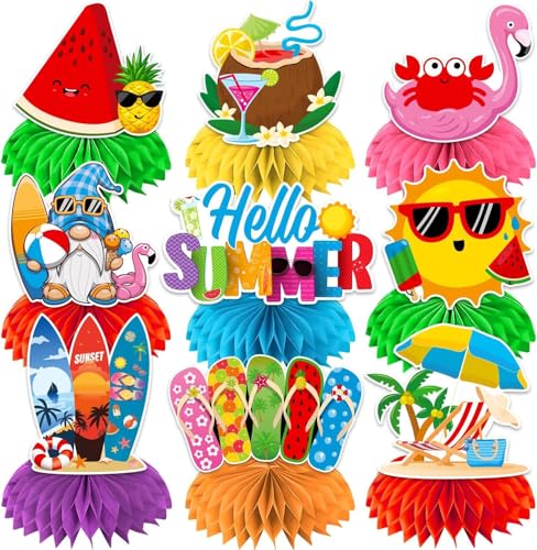 9-Teilige Sommer Bienenwaben Set Hawaii Tischdekoration Aloha Hawaii Deko Hawaii Party Deko für Pool Party, Geburtstag & Luau mit Tiki Flamingo Deko, 3D Tischaufsätzen & Tropischen Motiven von DePro