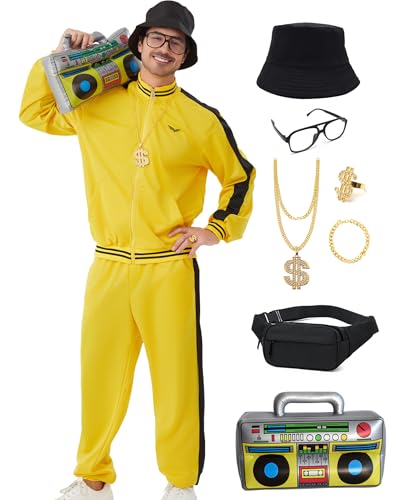 80er 90er Jahre Outfit für Herren 80er Jahre Trainingsanzug Hip Hop Kostüm Sportbekleidung Set mit Jacke Sweatpants Retro Windbreaker Outfit Gelb L von Deaboat