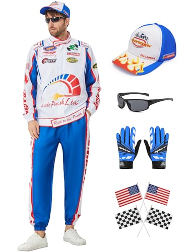 Deaboat Herren-Kostüm für Rennfahrer, Rennjacke, Outfit-Set mit Hut, Flagge, Sonnenbrille, Handschuhe für Halloween, Cosplay (weiß) von Deaboat