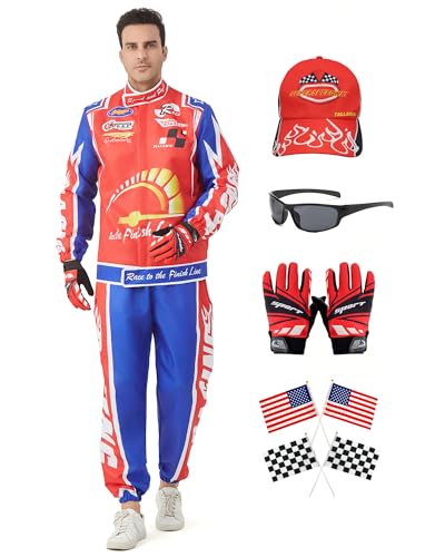 Deaboat Ricky-Kostüm, Rennauto-Fahrer-Kostüm für Herren, Halloween, Cosplay, Rennanzug, mit Hut, Handschuhen, Flaggen, Sonnenbrille, 7-teilig, Rot/Ausflug, einfarbig (Getaway Solids), XL von Deaboat