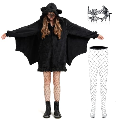 Deaboat Schwarzes Fledermaus-Kostüm für Damen, Halloween, Cosplay, Fledermauskleid mit Augenmaske, Strümpfe, Umhang Deaboat Schwarzes Fledermaus-Kostüm für Damen, Halloween, Cosplay, Fledermauskleid mit Augenmaske, Strümpfe, Umhang von Deaboat