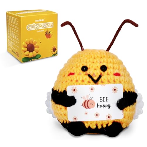 Pocket Hug Glückliche Biene - Glücksbringer mit Positiver Energie - Niedliche Häkelbiene Lucky Bee - Originelles Ermutigungsgeschenk Motivationsgeschenk für Frauen Kinder, Perfekt als Büro Deko von DealKits