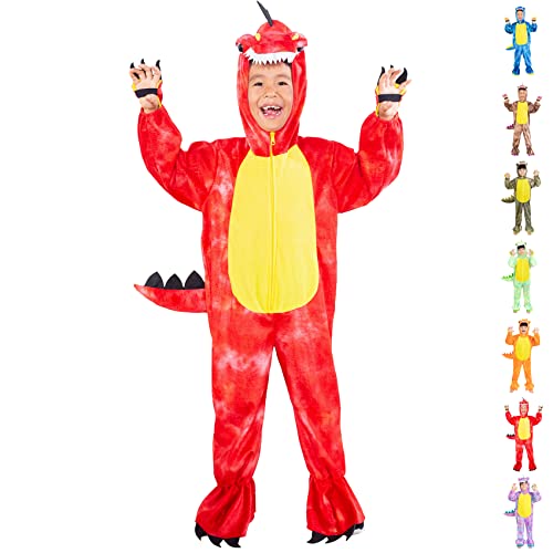 DearSun Kinder T-Rex Dinosaurier Kostüm Dinosaurier Kostüm für Kinder Faschingskostüm Kapuze Strampler Overall (XS/90, Rot) von DearSun