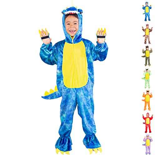 DearSun T-Rex Dinosaurier Kostüm für Kinder, Dinosaurier Kostüm für Kinder, Kostüm mit Kapuze, Strampler (XS/90, Blau) von DearSun
