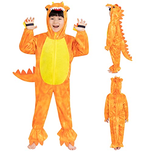 DearSun T-Rex Dinosaurier Kostüm für Kinder, Dinosaurier Kostüm für Kinder, Kostüm mit Kapuze, Strampler (XS/90, Orange) von DearSun