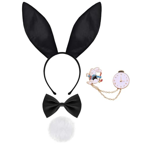 5-teiliges Hasen-Kostüm-Set mit Hasenohren, Stirnband, Fliege, Schwanz, Handschuhe, Uhr für Damen, Halloween, Verkleidung 5-teiliges Hasen-Kostüm-Set mit Hasenohren, Stirnband, Fliege, Schwanz, Handschuhe, Uhr für Damen, Halloween, Verkleidung von Dearlan