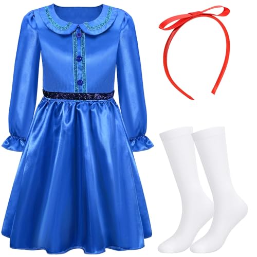Blaues Satin-Tüll-Kostüm für Mädchen mit blauem Kleid, weißen kniehohen Socken und rotem Schleifen-Haarband für Weltbuchtags-Woche (10–12 Jahre) von Dearlan