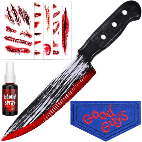 Dearlan 4-teiliges Halloween-Kostüm-Set, blutiges gefälschtes Messer, Guter Kerl, Patch für Herren, Halloween, Horror-Film, Party, Cosplay (Stil 2) von Dearlan