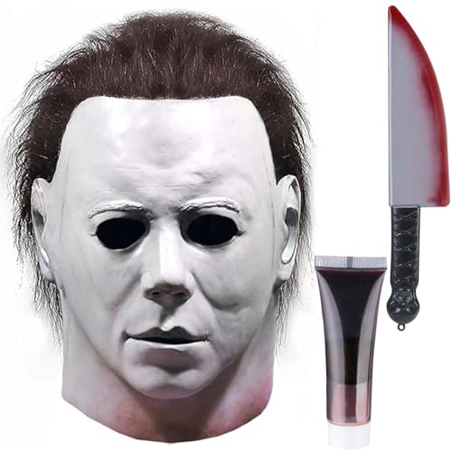 Dearlan Set mit 3 gruseligen Masken, Zubehör, Gesichtsmaske, Cosplay-Maske mit Haaren, künstliches Blutplasma, Spielzeugmesser für Halloween, tötet gruselige Cosplay-Kostüme, Themenparty von Dearlan