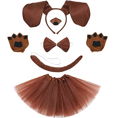 6 Stück Dalmatiner-Hundekostüm für Kinder im Lieferumfang enthalten, Hundeohren, Stirnband, Fliege, künstlicher Nasenschwanz, Welpen, Pfoten, Handschuhe, Tierkostüm, Cosplay, Party (braun) von Dearlan