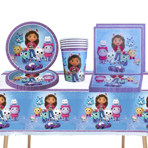 DecPtyTa Geburtstag Gabbys dollhouse party set Partygeschirr Geburtstagsdeko Teller Tassen Tischdecke Gebutstag Serviette,Geeignet für 10 Personen (B) von DecPtyTa