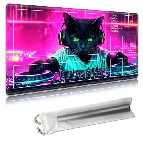 MTG Playmat with Zones - TCG Card Game Mat for Magic The Gathering - 24x14 Inches - Stitched Edges, Non-Slip Rubber Base - Portable Play Mat with Free Storage Bag,Black Cat with Headphones von Decahouy