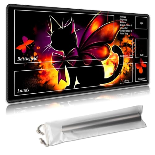 MTG Playmat with Zones - TCG Card Game Mat for Magic The Gathering - 24x14 Inches - Stitched Edges, Non-Slip Rubber Base - Portable Play Mat with Free Storage Bag,Elegant Cat with Wings von Decahouy