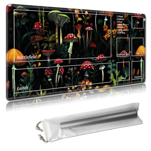 MTG Playmat with Zones - TCG Card Game Mat for Magic The Gathering - 24x14 Inches - Stitched Edges, Non-Slip Rubber Base - Portable Play Mat with Free Storage Bag,Forest Mushrooms and Plants von Decahouy