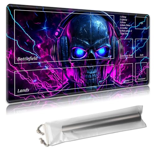 MTG Playmat with Zones - TCG Card Game Mat for Magic The Gathering - 24x14 Inches - Stitched Edges, Non-Slip Rubber Base - Portable Play Mat with Free Storage Bag,Funny Skull with Headphones von Decahouy