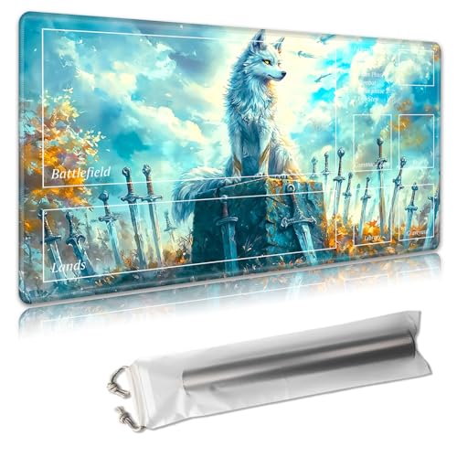 MTG Playmat with Zones - TCG Card Game Mat for Magic The Gathering - 24x14 Inches - Stitched Edges, Non-Slip Rubber Base - Portable Play Mat with Free Storage Bag,Majestic Wolf and Swords MTG Playmat with Zones - TCG Card Game Mat for Magic The Gathering - 24x14 Inches - Stitched Edges, Non-Slip Rubber Base - Portable Play Mat with Free Storage Bag,Majestic Wolf and Swords von Decahouy