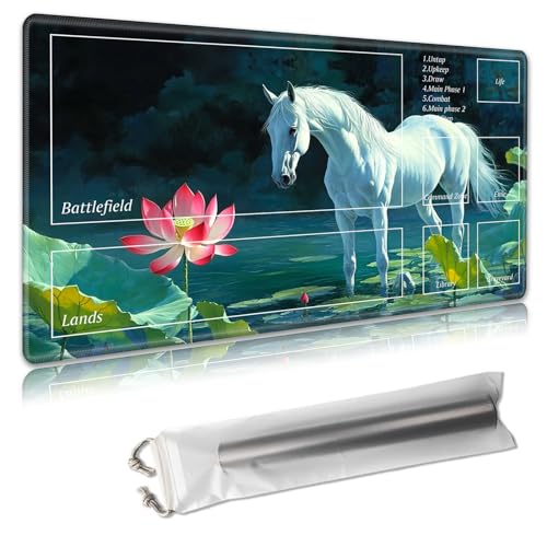 MTG Playmat with Zones - TCG Card Game Mat for Magic The Gathering - 24x14 Inches - Stitched Edges, Non-Slip Rubber Base - Portable Play Mat with Free Storage Bag,White Horse and Water Lotus MTG Playmat with Zones - TCG Card Game Mat for Magic The Gathering - 24x14 Inches - Stitched Edges, Non-Slip Rubber Base - Portable Play Mat with Free Storage Bag,White Horse and Water Lotus von Decahouy
