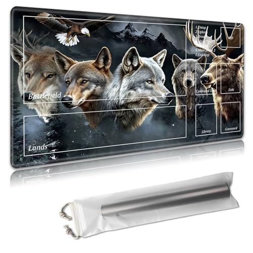 MTG Playmat with Zones - TCG Card Game Mat for Magic The Gathering - 24x14 Inches - Stitched Edges, Non-Slip Rubber Base - Portable Play Mat with Free Storage Bag,Wolf Bear Adler in Mountains von Decahouy