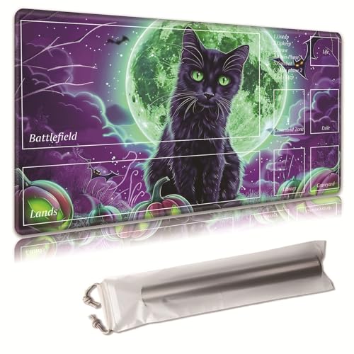 MTG Spielmatte mit Aufbewahrungstasche, rutschfeste Gummibasis, 43,9 x 34,8 cm, ideal für JCC, MTG und Brettspielmatte für Karten, Mauspad, Schreibtischunterlage, Katze und Mond von Decahouy