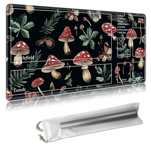 MTG Spielmatte mit Zonen, 61 x 35,6 cm, Sammelkartenspielmatte für TCG und CCG, organisiertes Layout, rutschfeste Gummiunterseite, glatte Stoffoberfläche, inklusive Aufbewahrungstasche, Pilzblätter von Decahouy