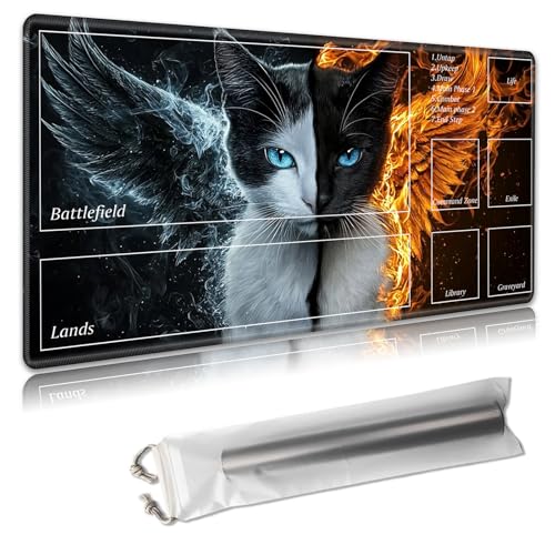 MTG Spielmatte mit Zonen, 61 x 35,6 cm, Sammelkartenspielmatte für TCG und CCG, organisiertes Layout, rutschfeste Gummiunterseite, glatte Stoffoberfläche, inklusive Aufbewahrungstasche, Katze mit von Decahouy
