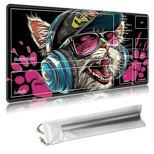 MTG Spielmatte mit Zonen, 61 x 35,6 cm, Sammelkartenspielmatte für TCG und CCG, organisiertes Layout, rutschfeste Gummiunterseite, glatte Stoffoberfläche, inklusive Aufbewahrungstasche, Katze mit von Decahouy