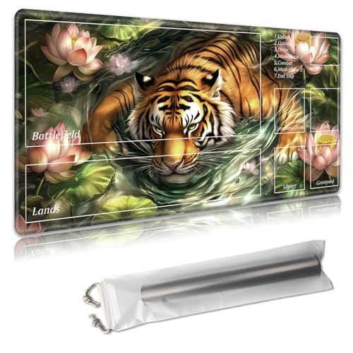 MTG Spielmatte mit Zonen, 61 x 35,6 cm, Sammelkartenspielmatte für TCG & CCG, organisiertes Layout, rutschfeste Gummiunterseite, glatte Stoffoberfläche, inklusive Aufbewahrungstasche, Tiger schwimmt von Decahouy