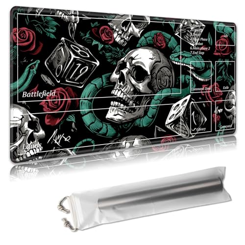 MTG Spielmatte mit Zonen, 61 x 35,6 cm, Sammelkartenspielmatte für TCG und CCG, organisiertes Layout, rutschfeste Gummiunterseite, glatte Stoffoberfläche, inklusive Aufbewahrungstasche, Totenköpfe von Decahouy