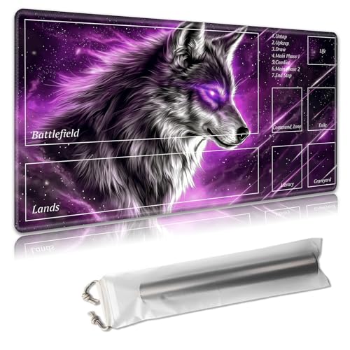 MTG Spielmatte mit Zonen, 61 x 35,6 cm, Sammelkartenspielmatte für TCG und CCG, organisiertes Layout, rutschfeste Gummiunterseite, glatte Stoffoberfläche, inklusive Aufbewahrungstasche, Wolf in der von Decahouy