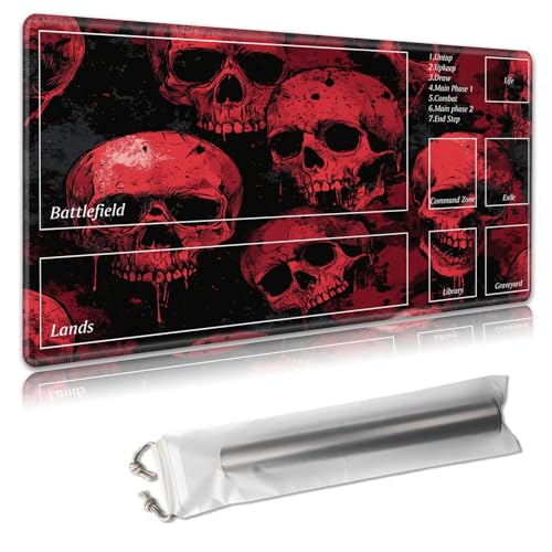 MTG Spielmatte mit Zonen, 61 x 35,6 cm, Sammelkartenspielmatte für TCG & CCG, organisiertes Layout, rutschfeste Gummiunterseite, glatte Stoffoberfläche, inklusive Aufbewahrungstasche, rote Totenköpfe von Decahouy