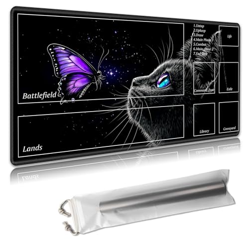 MTG Spielmatte mit Zonen, 61 x 35,6 cm, Sammelkartenspielmatte für TCG und CCG, organisiertes Layout, rutschfeste Gummiunterseite, glatte Stoffoberfläche, inklusive Aufbewahrungstasche, schwarze Katze von Decahouy