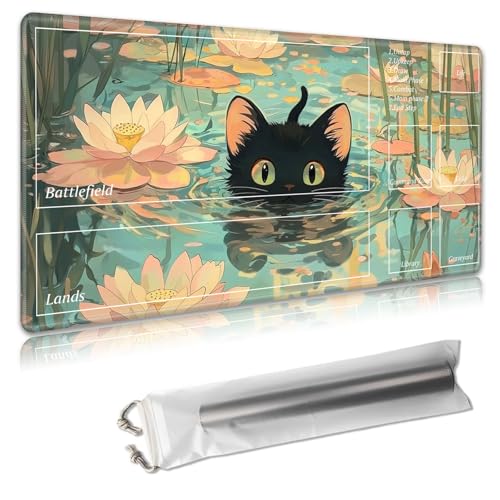 MTG Spielmatte mit Zonen, 61 x 35,6 cm, Sammelkartenspielmatte für TCG & CCG, organisiertes Layout, rutschfeste Gummiunterseite, glatte Stoffoberfläche, inklusive Aufbewahrungstasche, schwarze Katze von Decahouy